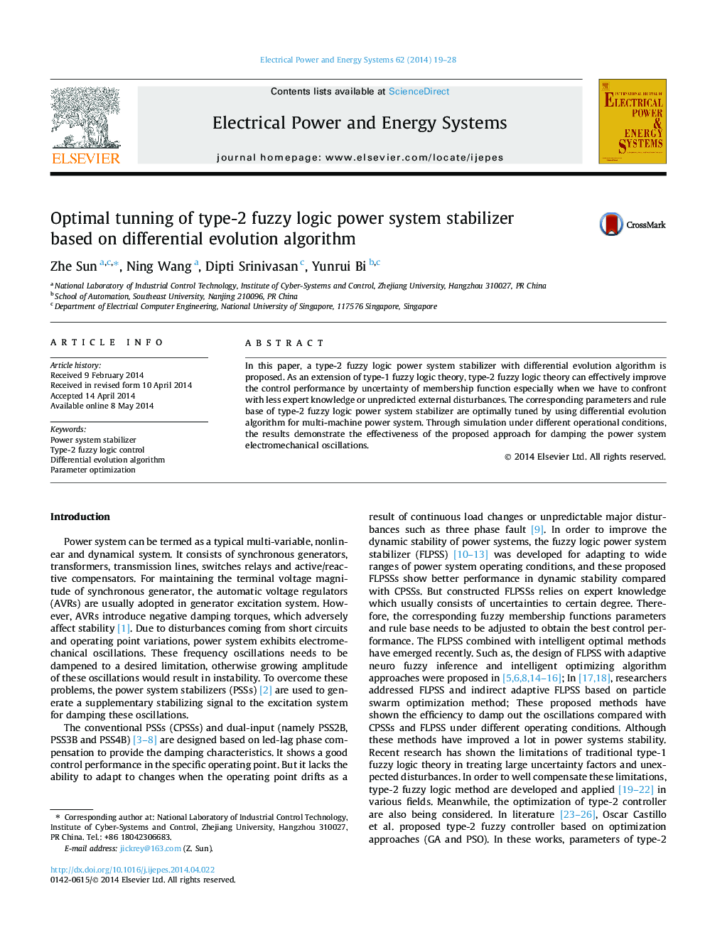 Optimal tunning of type-2 fuzzy logic power system stabilizer based on differential evolution algorithm