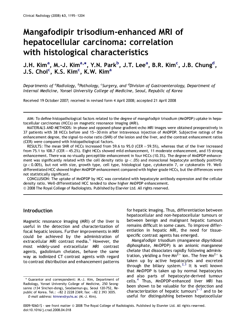 Mangafodipir trisodium-enhanced MRI of hepatocellular carcinoma: correlation with histological characteristics