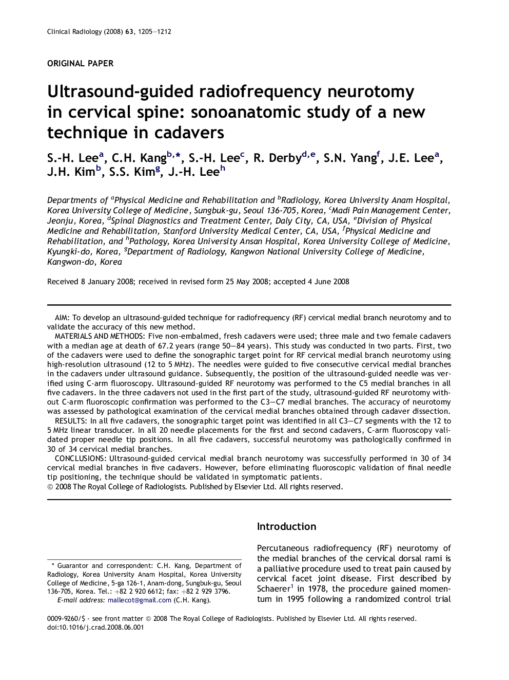 Ultrasound-guided radiofrequency neurotomy in cervical spine: sonoanatomic study of a new technique in cadavers