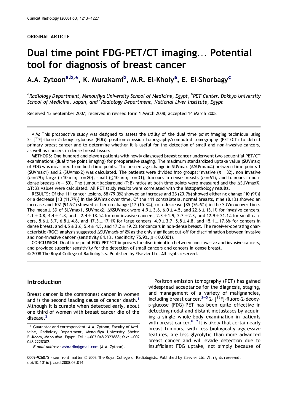 Dual time point FDG-PET/CT imaging… Potential tool for diagnosis of breast cancer