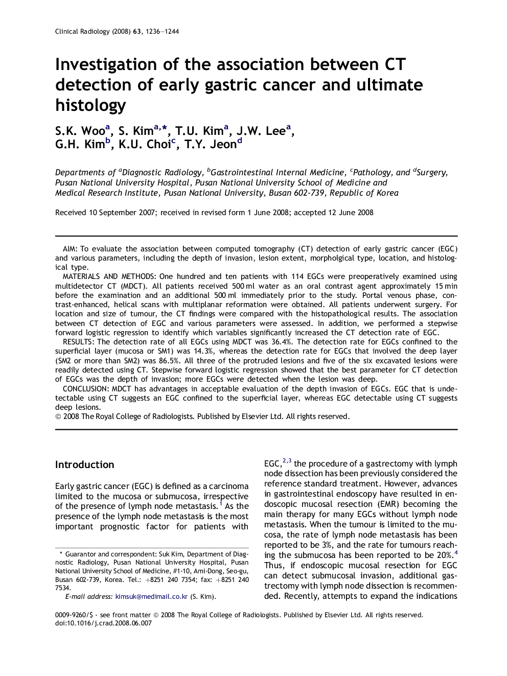 Investigation of the association between CT detection of early gastric cancer and ultimate histology