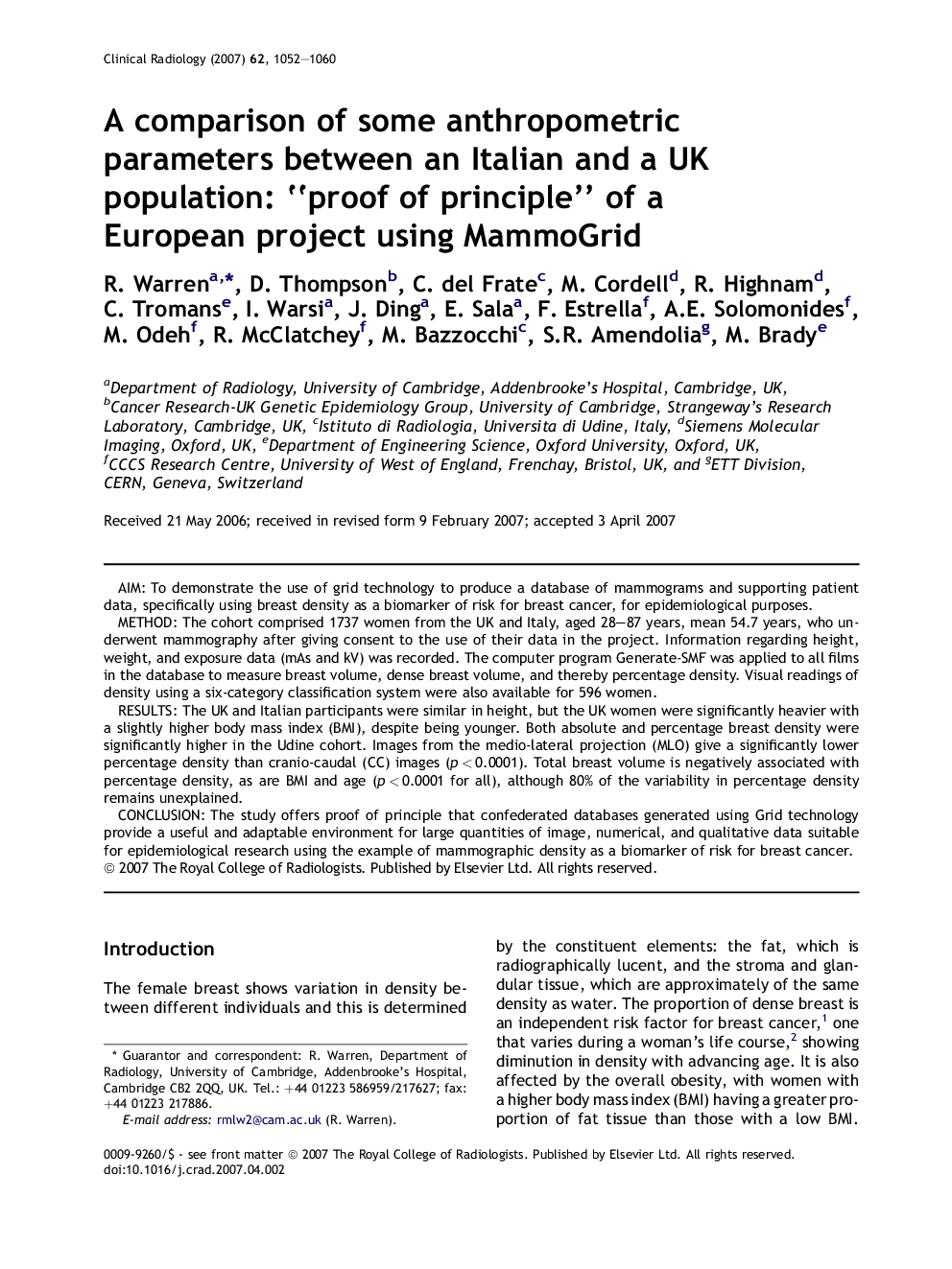 A comparison of some anthropometric parameters between an Italian and a UK population: “proof of principle” of a European project using MammoGrid