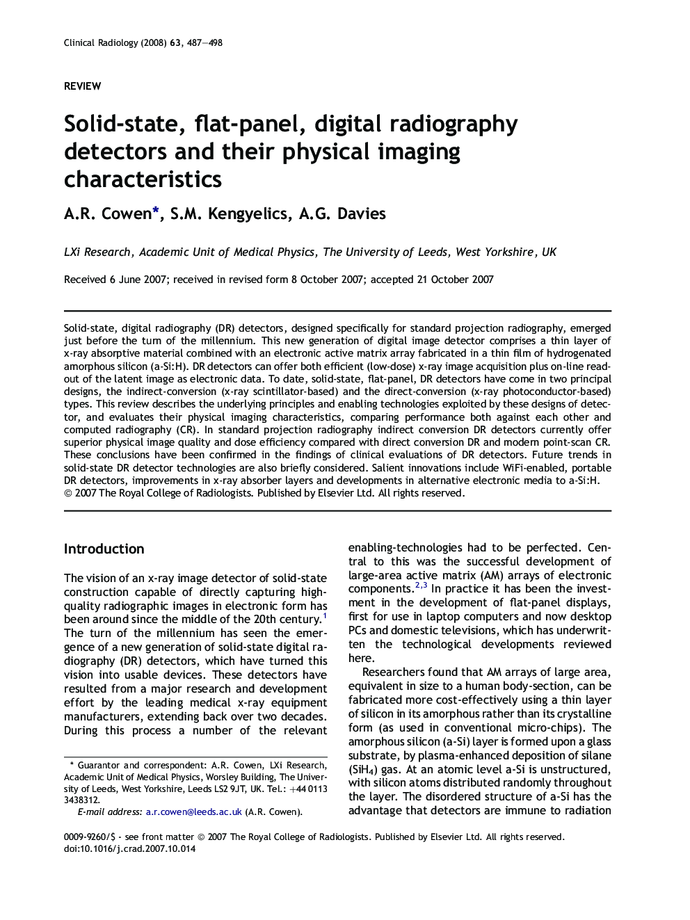 Solid-state, flat-panel, digital radiography detectors and their physical imaging characteristics