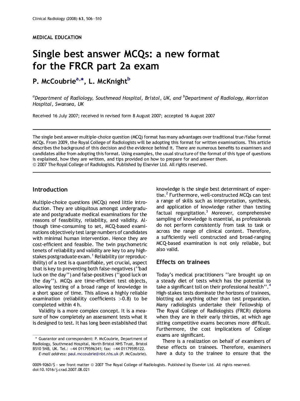 Single best answer MCQs: a new format for the FRCR part 2a exam