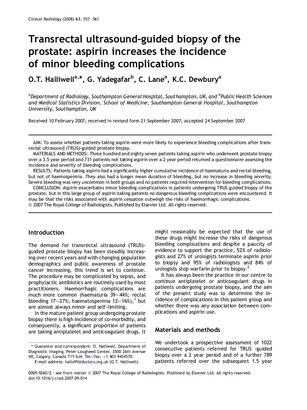 Transrectal ultrasound-guided biopsy of the prostate: aspirin increases the incidence of minor bleeding complications