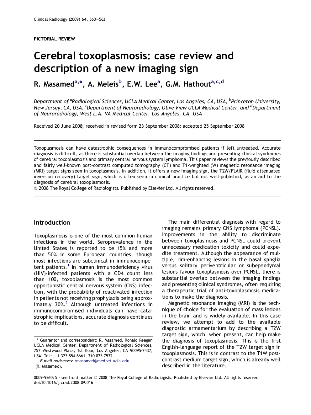 Cerebral toxoplasmosis: case review and description of a new imaging sign