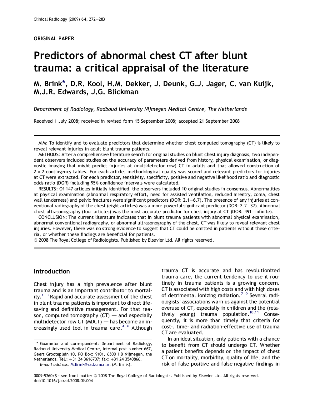 Predictors of abnormal chest CT after blunt trauma: a critical appraisal of the literature