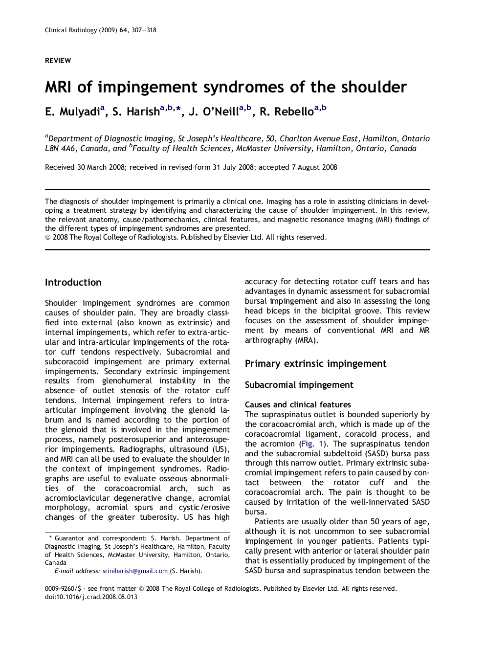 MRI of impingement syndromes of the shoulder