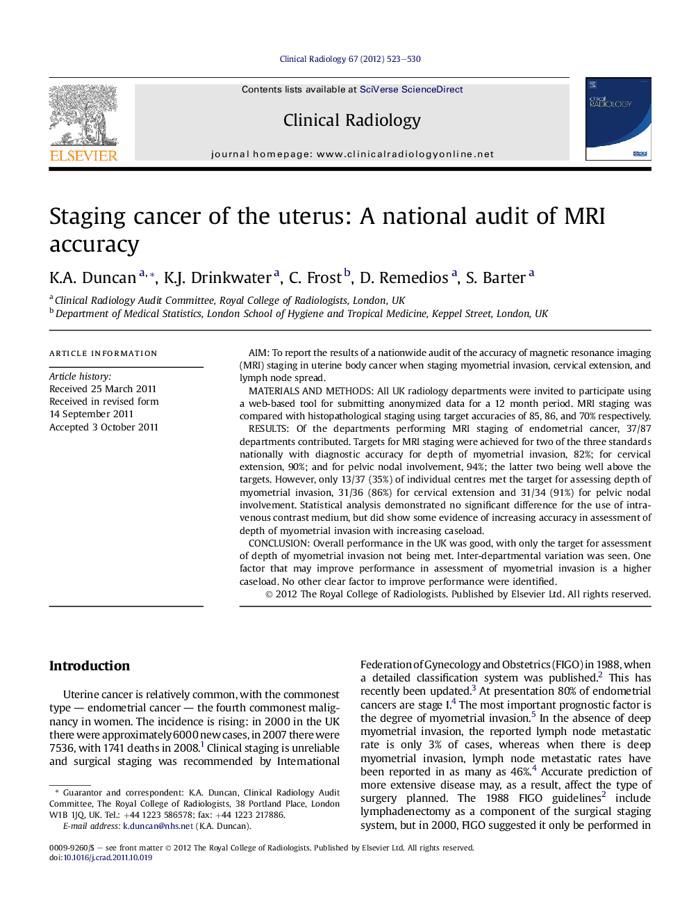 Staging cancer of the uterus: A national audit of MRI accuracy