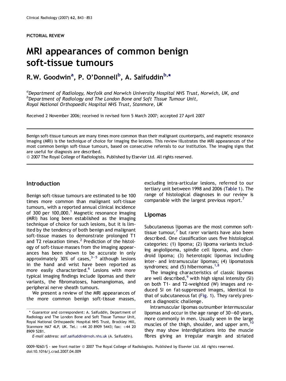 MRI appearances of common benign soft-tissue tumours