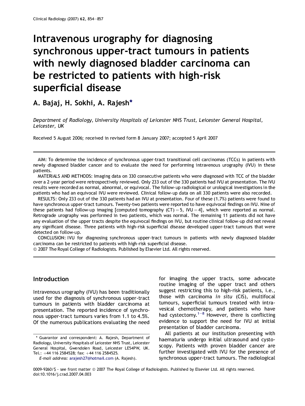 Intravenous urography for diagnosing synchronous upper-tract tumours in patients with newly diagnosed bladder carcinoma can be restricted to patients with high-risk superficial disease