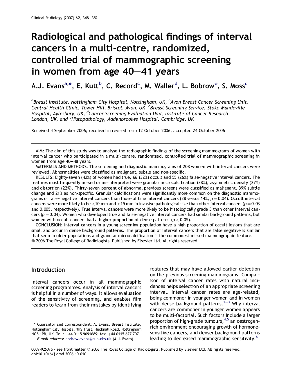 Radiological and pathological findings of interval cancers in a multi-centre, randomized, controlled trial of mammographic screening in women from age 40–41 years