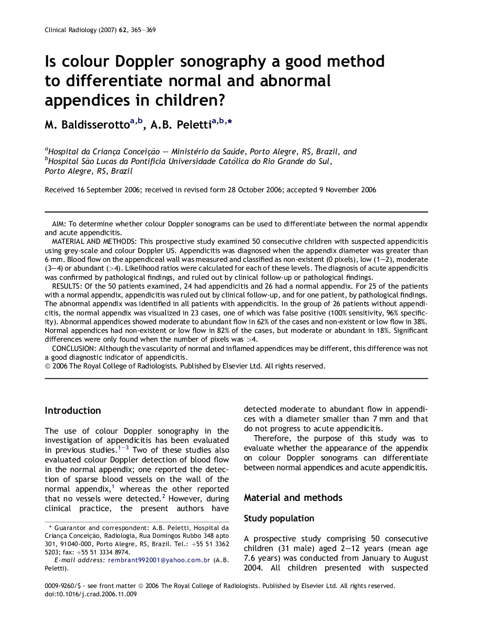 Is colour Doppler sonography a good method to differentiate normal and abnormal appendices in children?