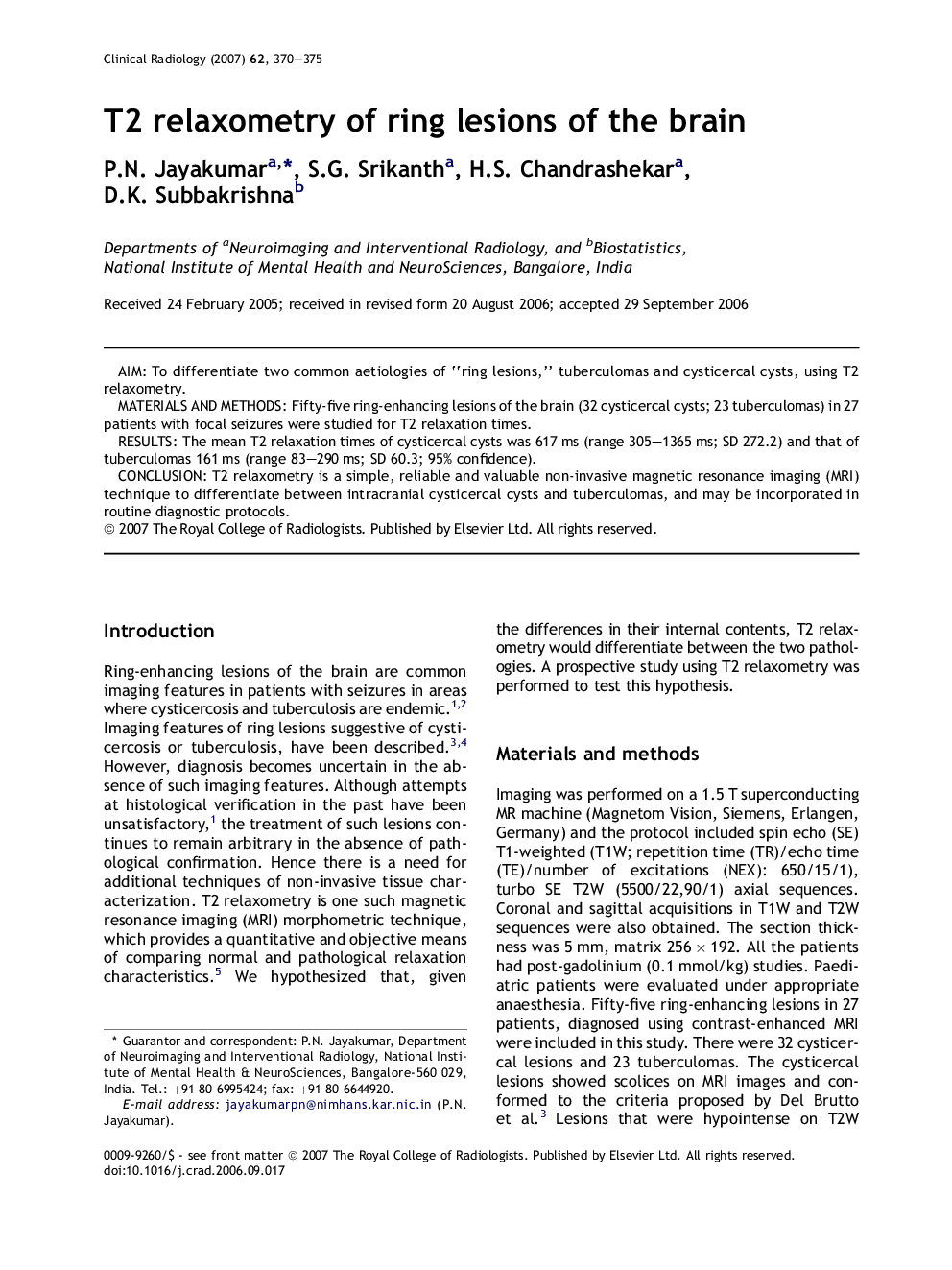 T2 relaxometry of ring lesions of the brain