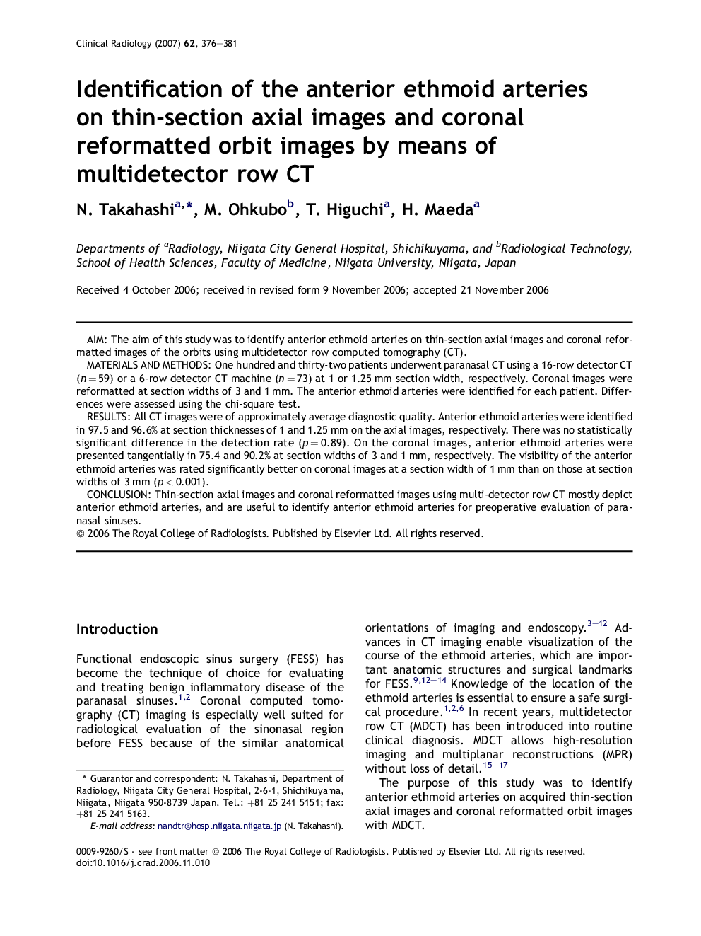 Identification of the anterior ethmoid arteries on thin-section axial images and coronal reformatted orbit images by means of multidetector row CT