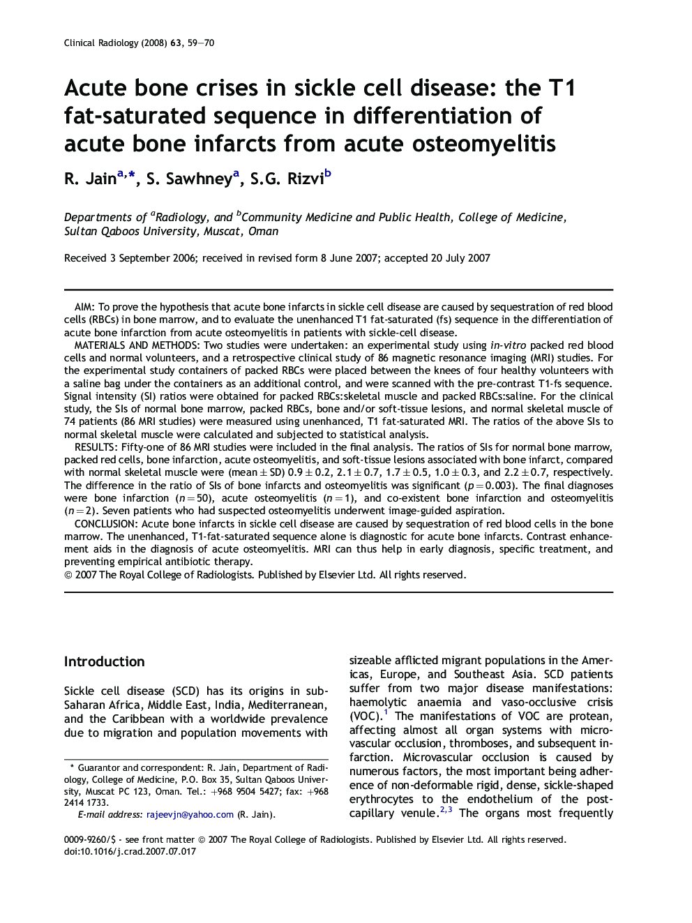 Acute bone crises in sickle cell disease: the T1 fat-saturated sequence in differentiation of acute bone infarcts from acute osteomyelitis