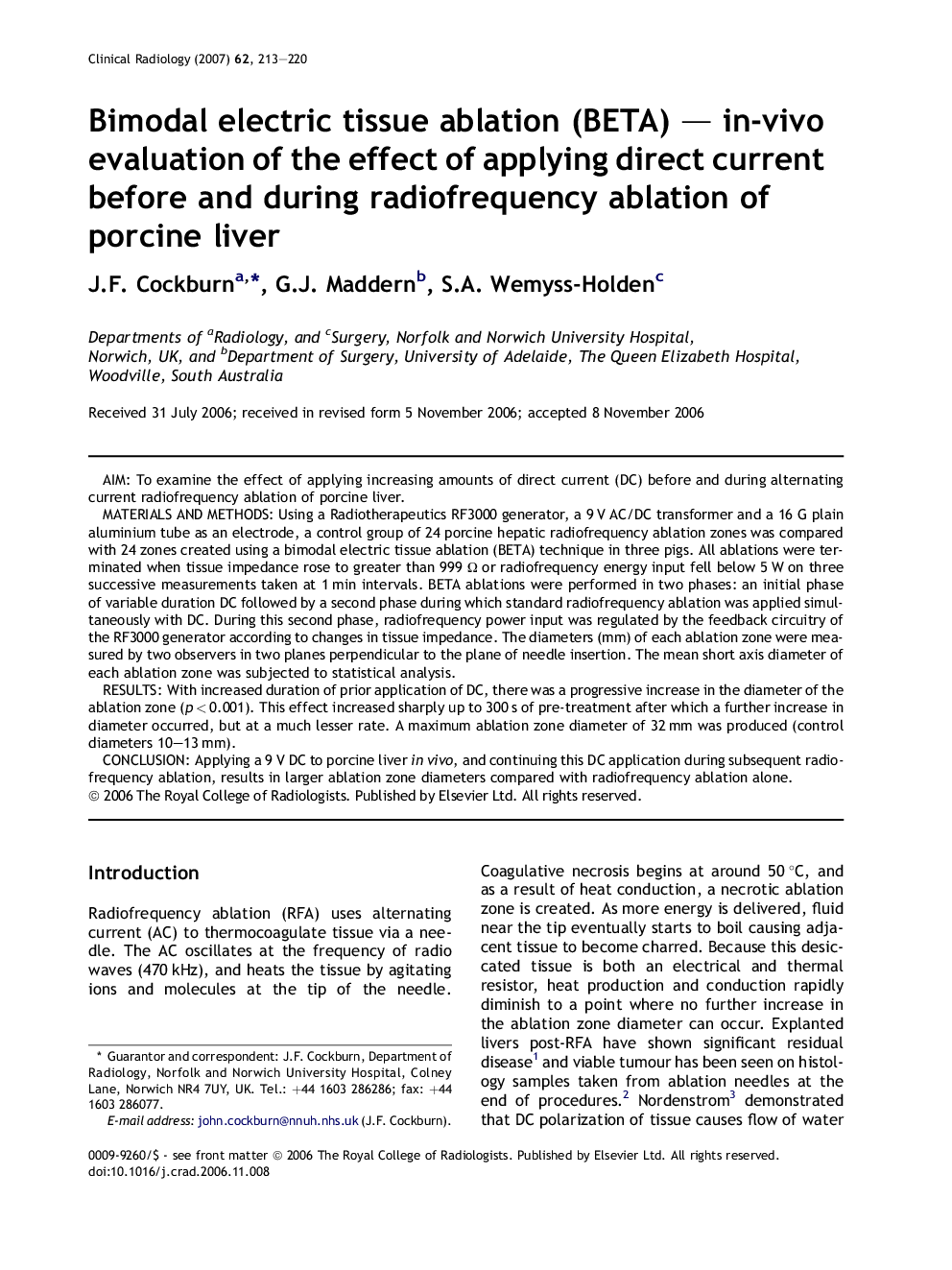 Bimodal electric tissue ablation (BETA) — in-vivo evaluation of the effect of applying direct current before and during radiofrequency ablation of porcine liver