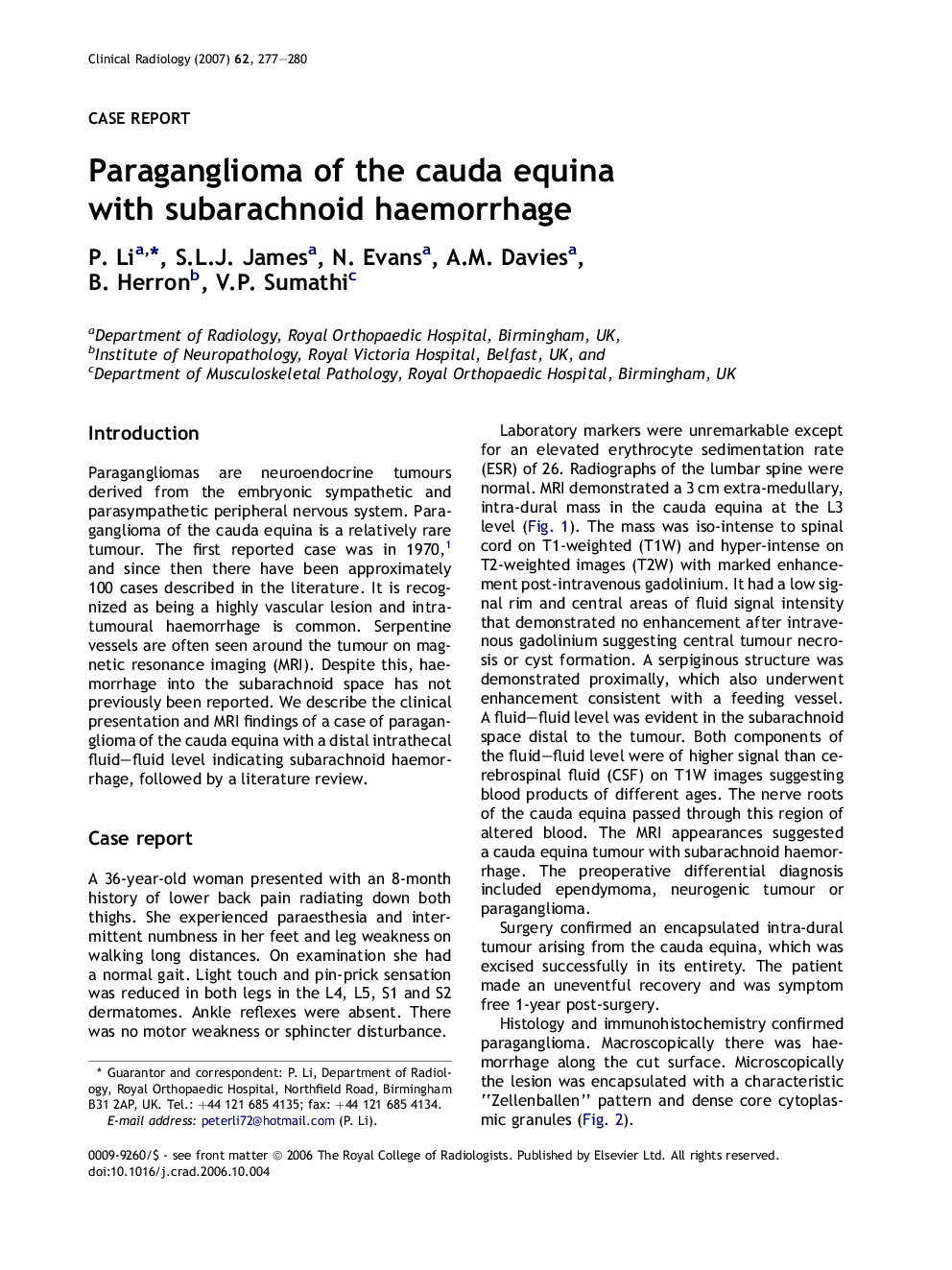 Paraganglioma of the cauda equina with subarachnoid haemorrhage