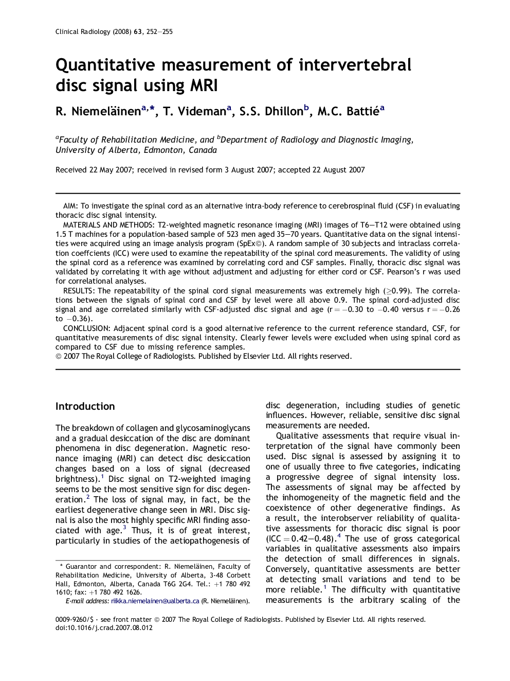 Quantitative measurement of intervertebral disc signal using MRI