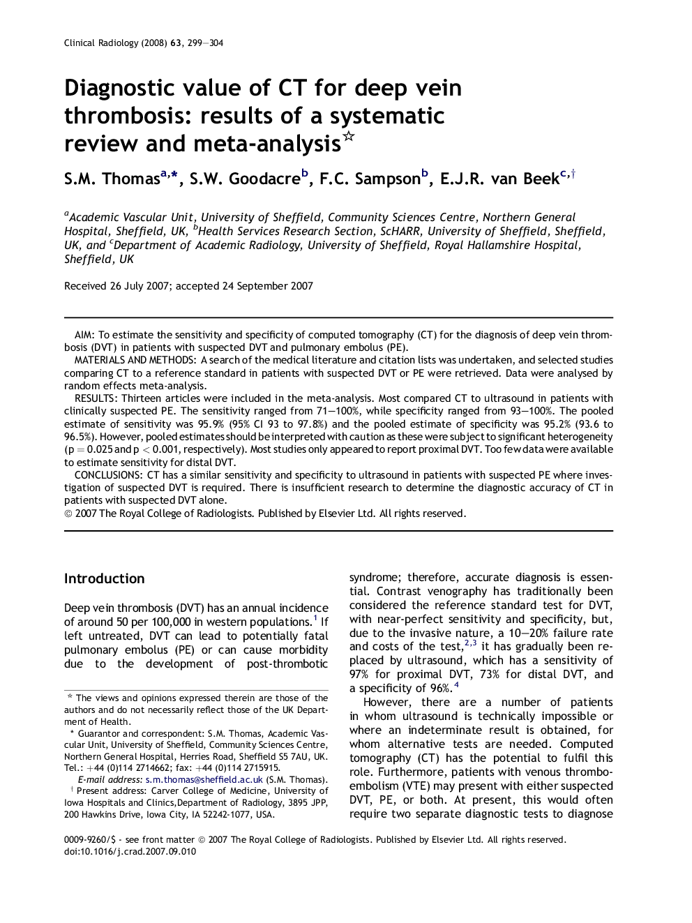 Diagnostic value of CT for deep vein thrombosis: results of a systematic review and meta-analysis 