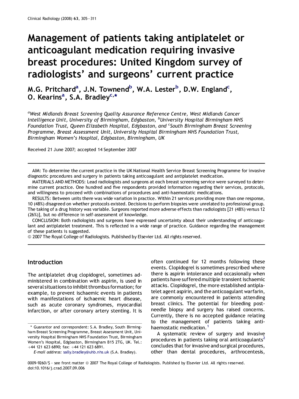 Management of patients taking antiplatelet or anticoagulant medication requiring invasive breast procedures: United Kingdom survey of radiologists' and surgeons' current practice