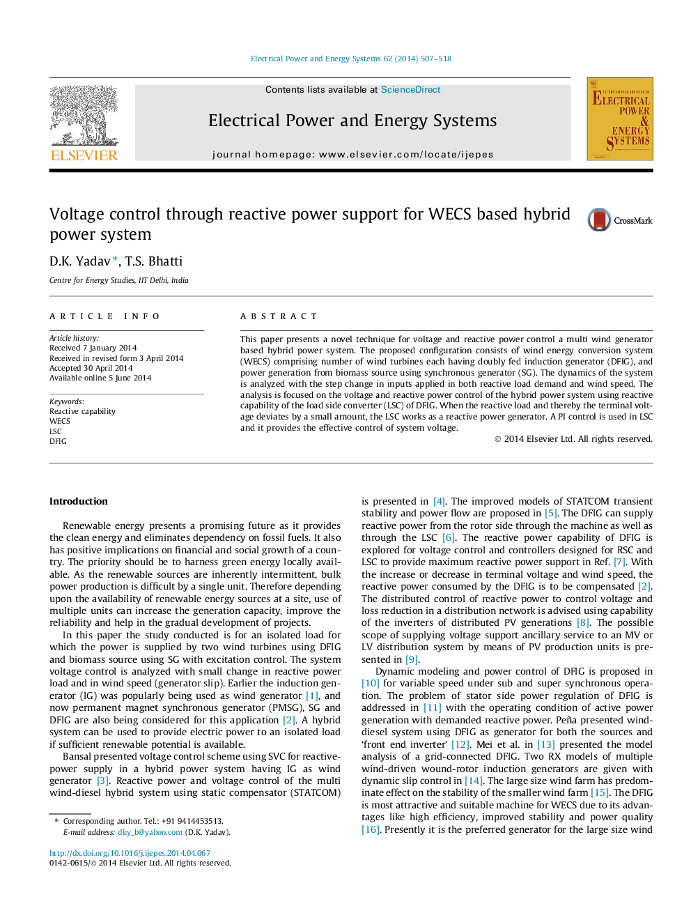 Voltage control through reactive power support for WECS based hybrid power system