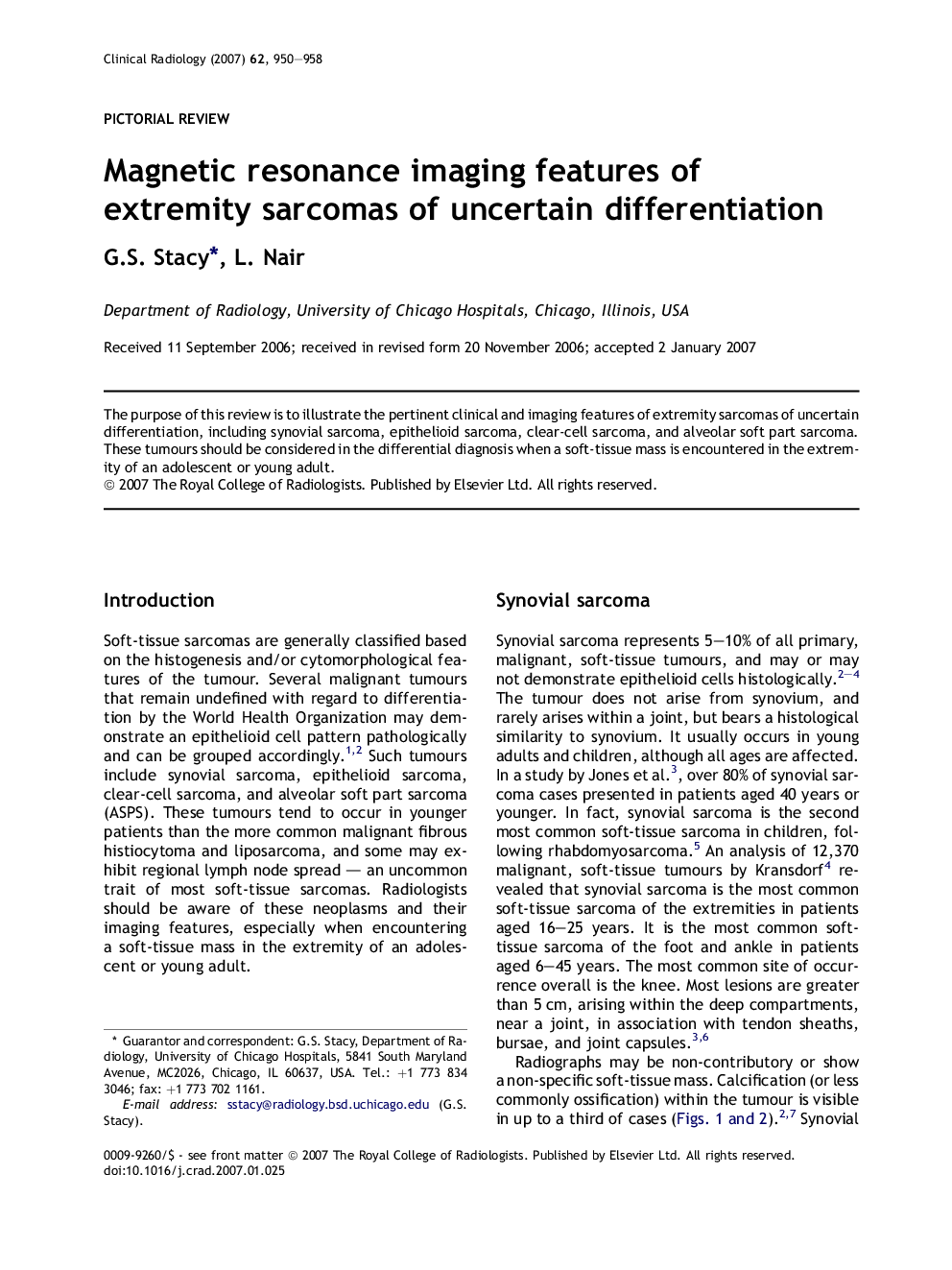 Magnetic resonance imaging features of extremity sarcomas of uncertain differentiation