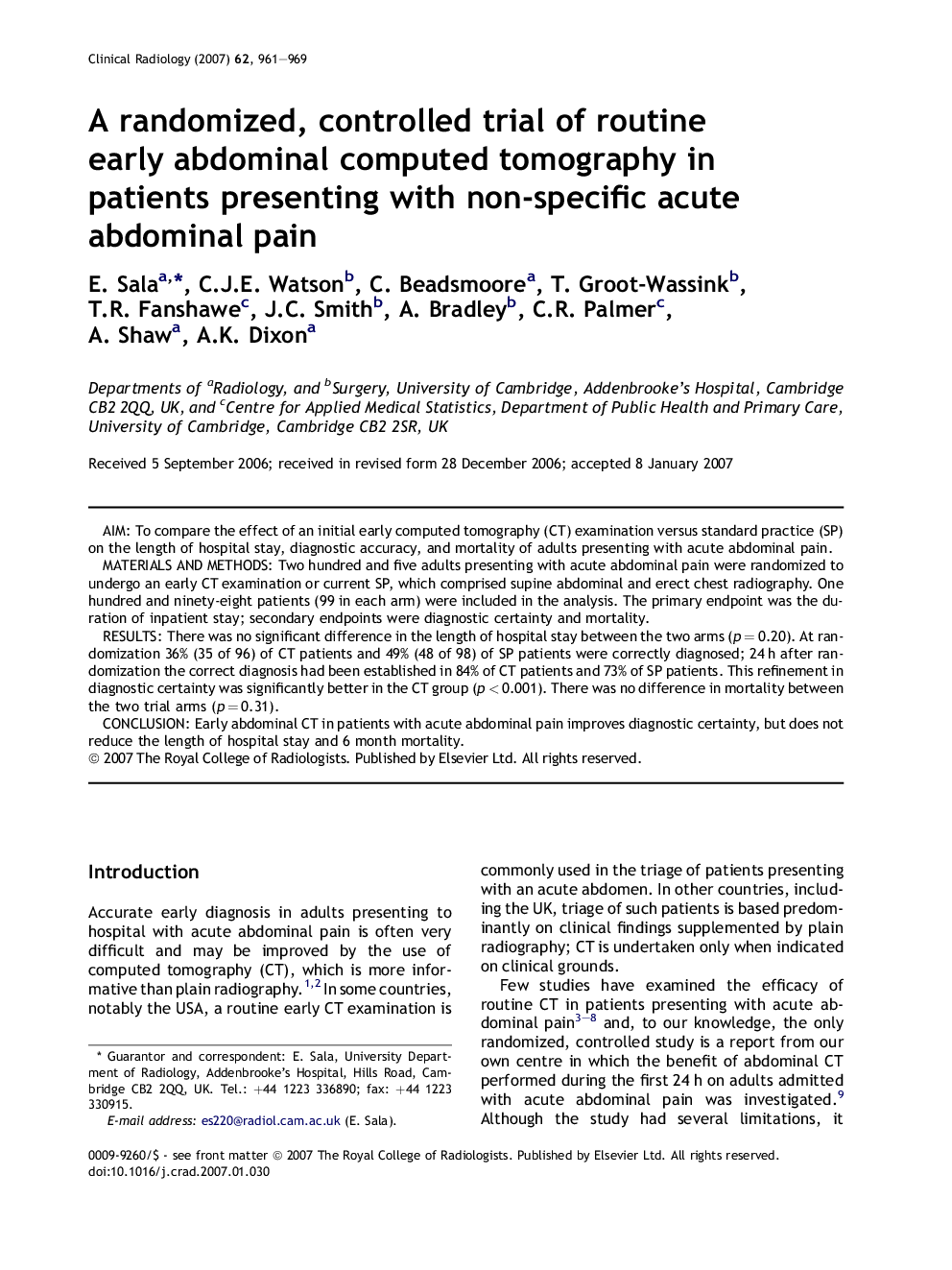 A randomized, controlled trial of routine early abdominal computed tomography in patients presenting with non-specific acute abdominal pain