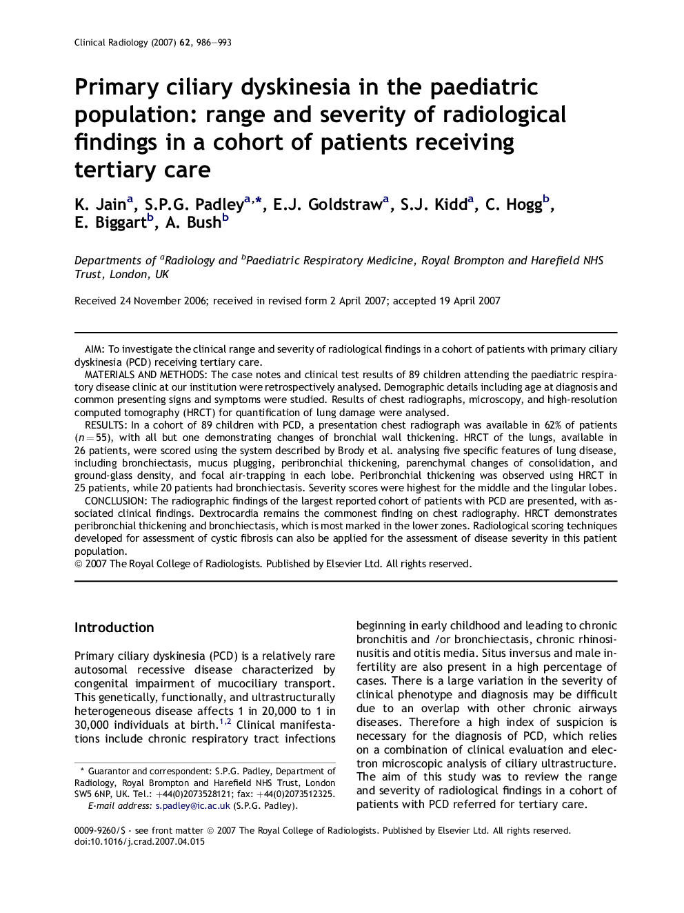 Primary ciliary dyskinesia in the paediatric population: range and severity of radiological findings in a cohort of patients receiving tertiary care