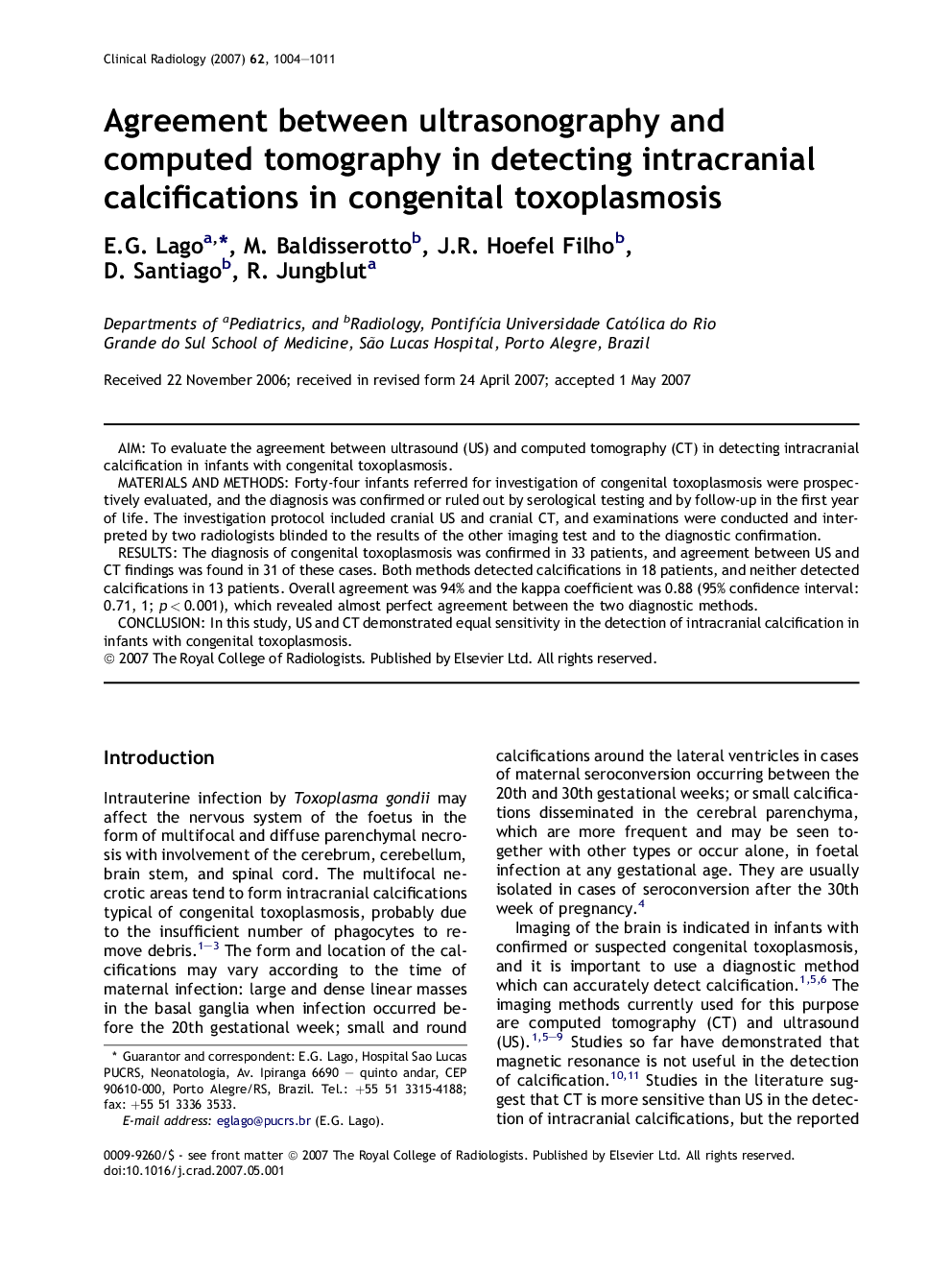 Agreement between ultrasonography and computed tomography in detecting intracranial calcifications in congenital toxoplasmosis