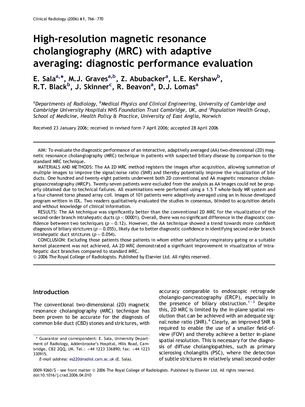 High-resolution magnetic resonance cholangiography (MRC) with adaptive averaging: diagnostic performance evaluation