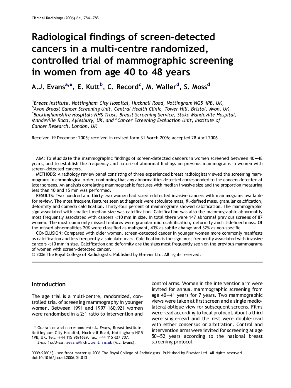 Radiological findings of screen-detected cancers in a multi-centre randomized, controlled trial of mammographic screening in women from age 40 to 48 years