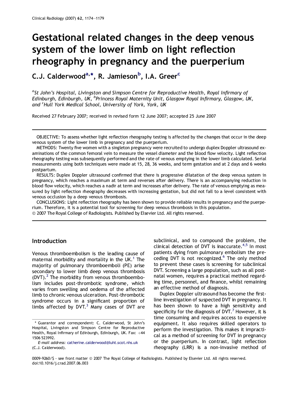 Gestational related changes in the deep venous system of the lower limb on light reflection rheography in pregnancy and the puerperium