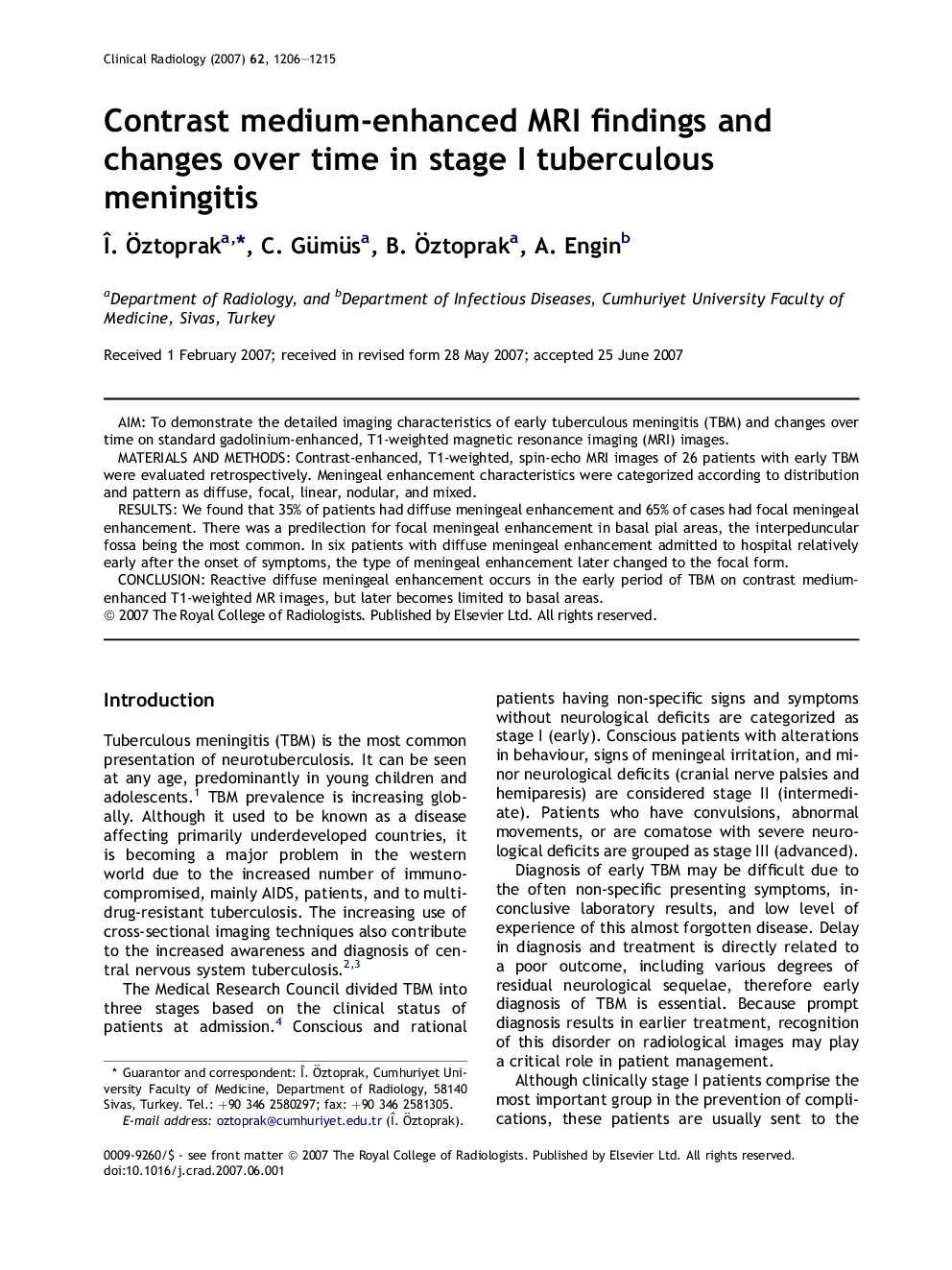 Contrast medium-enhanced MRI findings and changes over time in stage I tuberculous meningitis