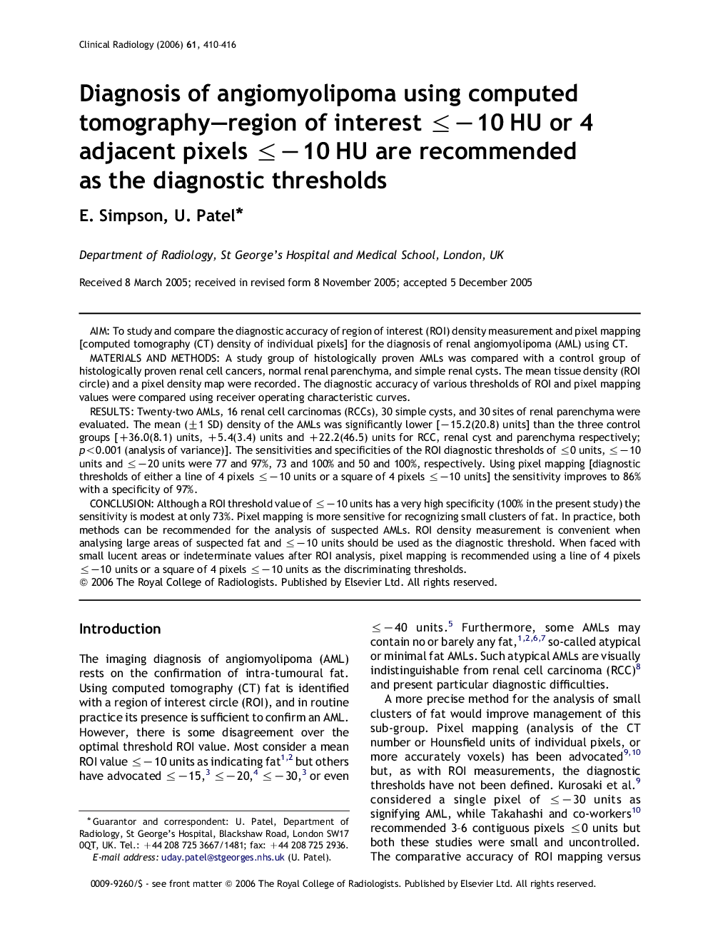 Diagnosis of angiomyolipoma using computed tomography—region of interest ≤−10 HU or 4 adjacent pixels ≤−10 HU are recommended as the diagnostic thresholds