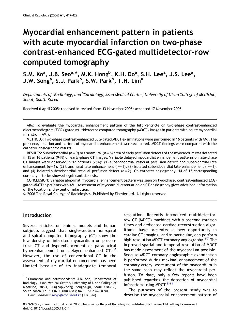 Myocardial enhancement pattern in patients with acute myocardial infarction on two-phase contrast-enhanced ECG-gated multidetector-row computed tomography