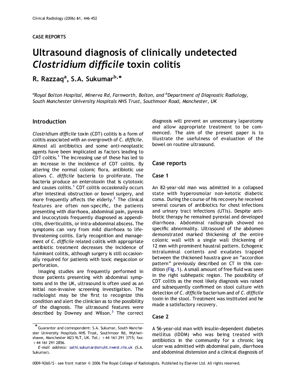 Ultrasound diagnosis of clinically undetected Clostridium difficile toxin colitis