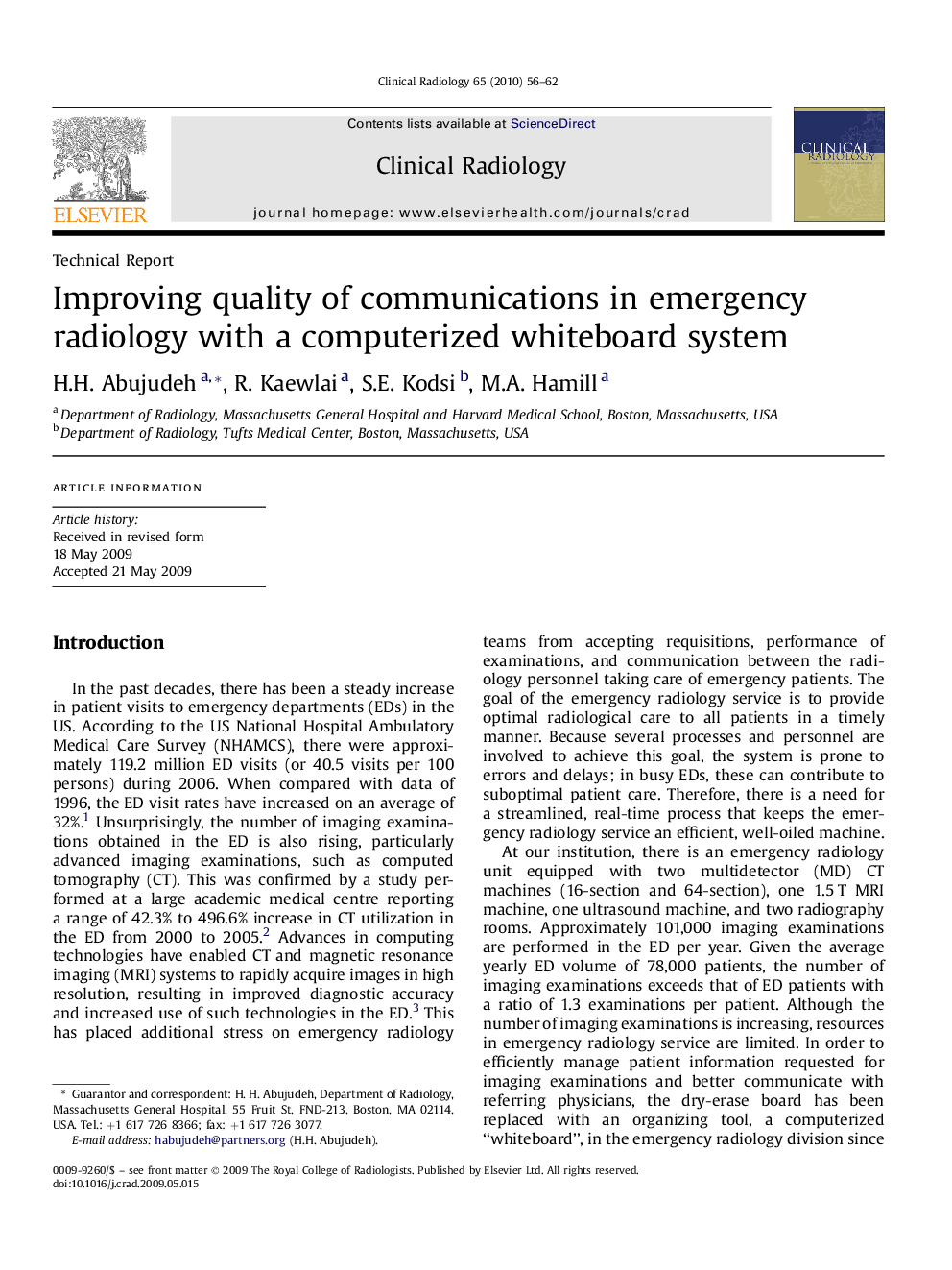 Improving quality of communications in emergency radiology with a computerized whiteboard system