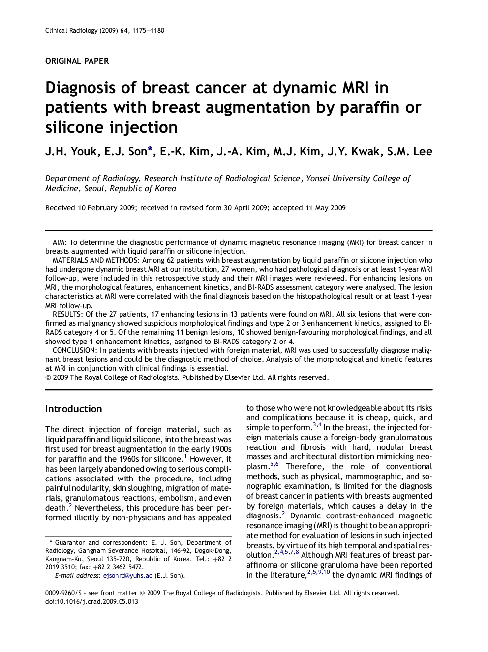 Diagnosis of breast cancer at dynamic MRI in patients with breast augmentation by paraffin or silicone injection