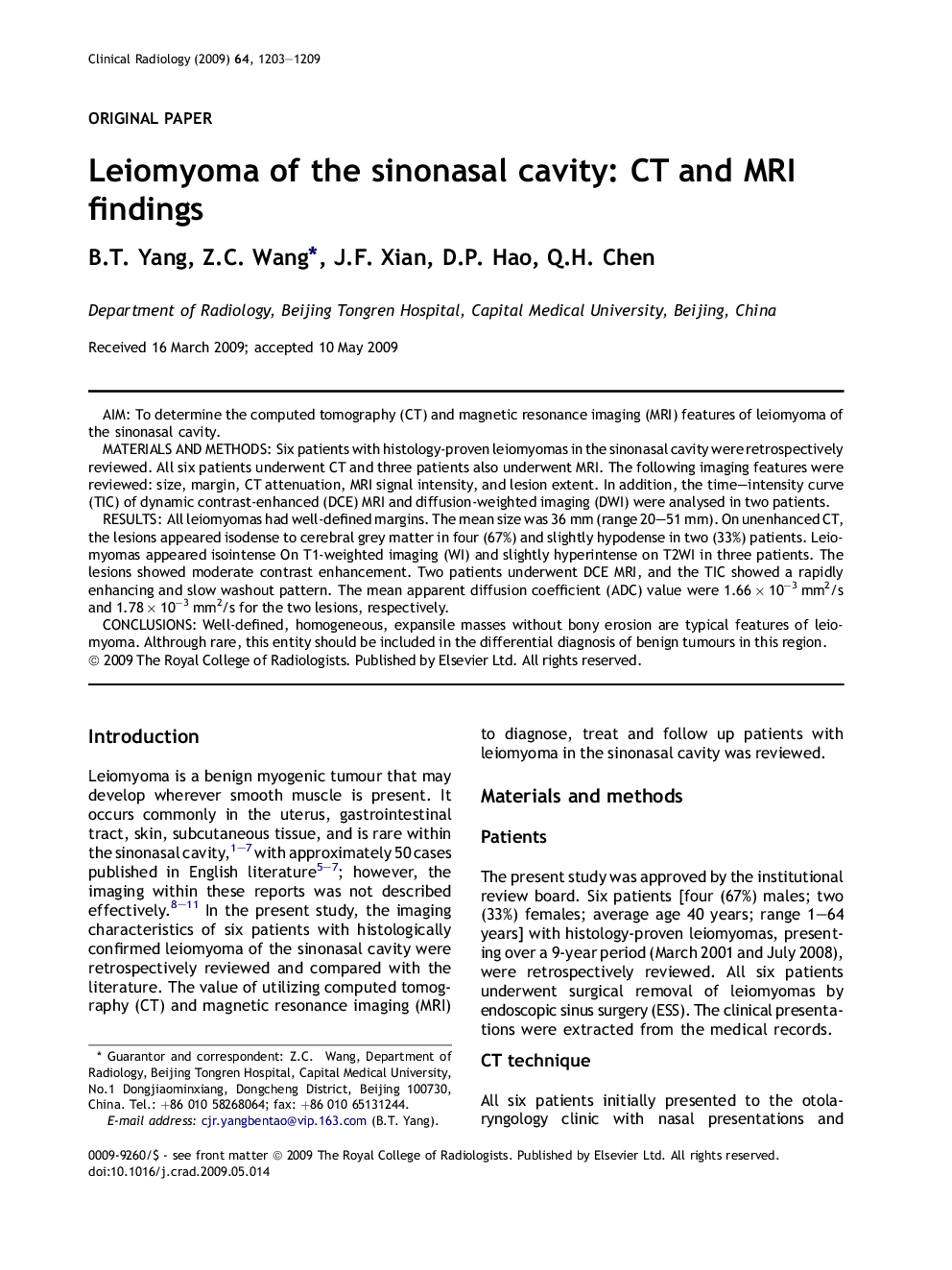 Leiomyoma of the sinonasal cavity: CT and MRI findings