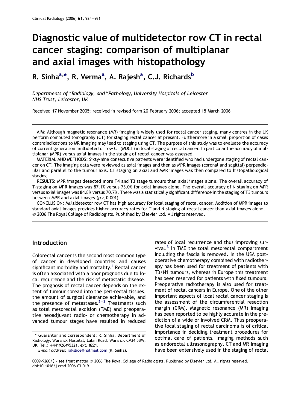 Diagnostic value of multidetector row CT in rectal cancer staging: comparison of multiplanar and axial images with histopathology