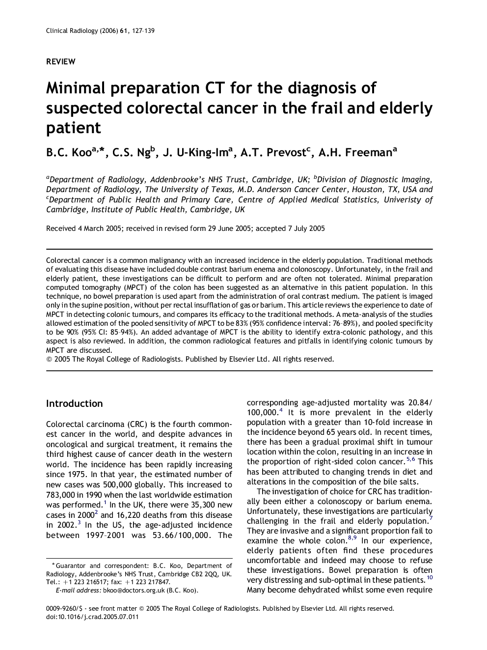 Minimal preparation CT for the diagnosis of suspected colorectal cancer in the frail and elderly patient