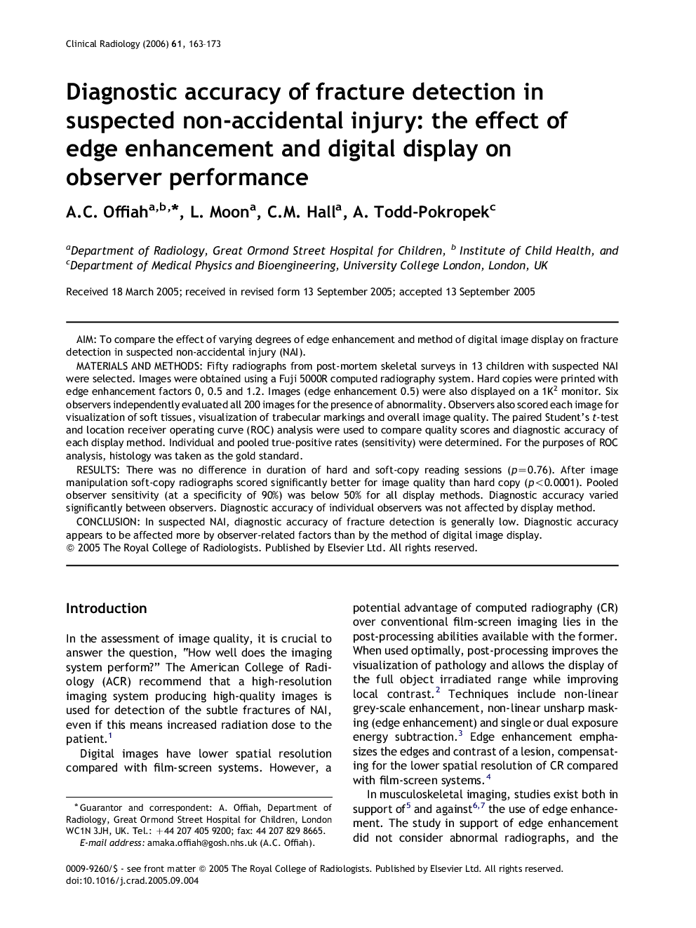 Diagnostic accuracy of fracture detection in suspected non-accidental injury: the effect of edge enhancement and digital display on observer performance