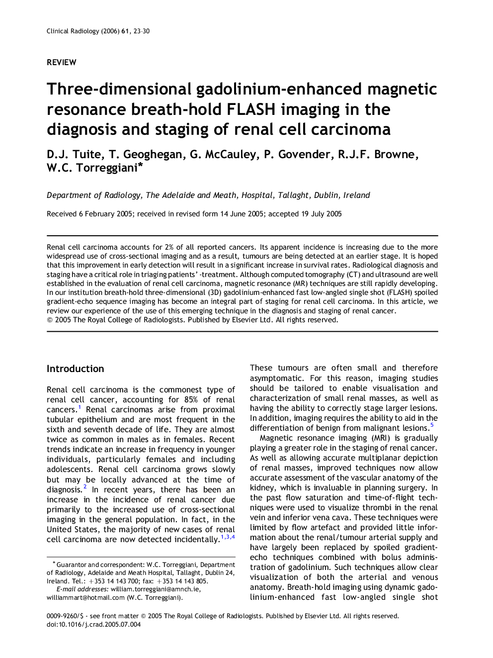 Three-dimensional gadolinium-enhanced magnetic resonance breath-hold FLASH imaging in the diagnosis and staging of renal cell carcinoma