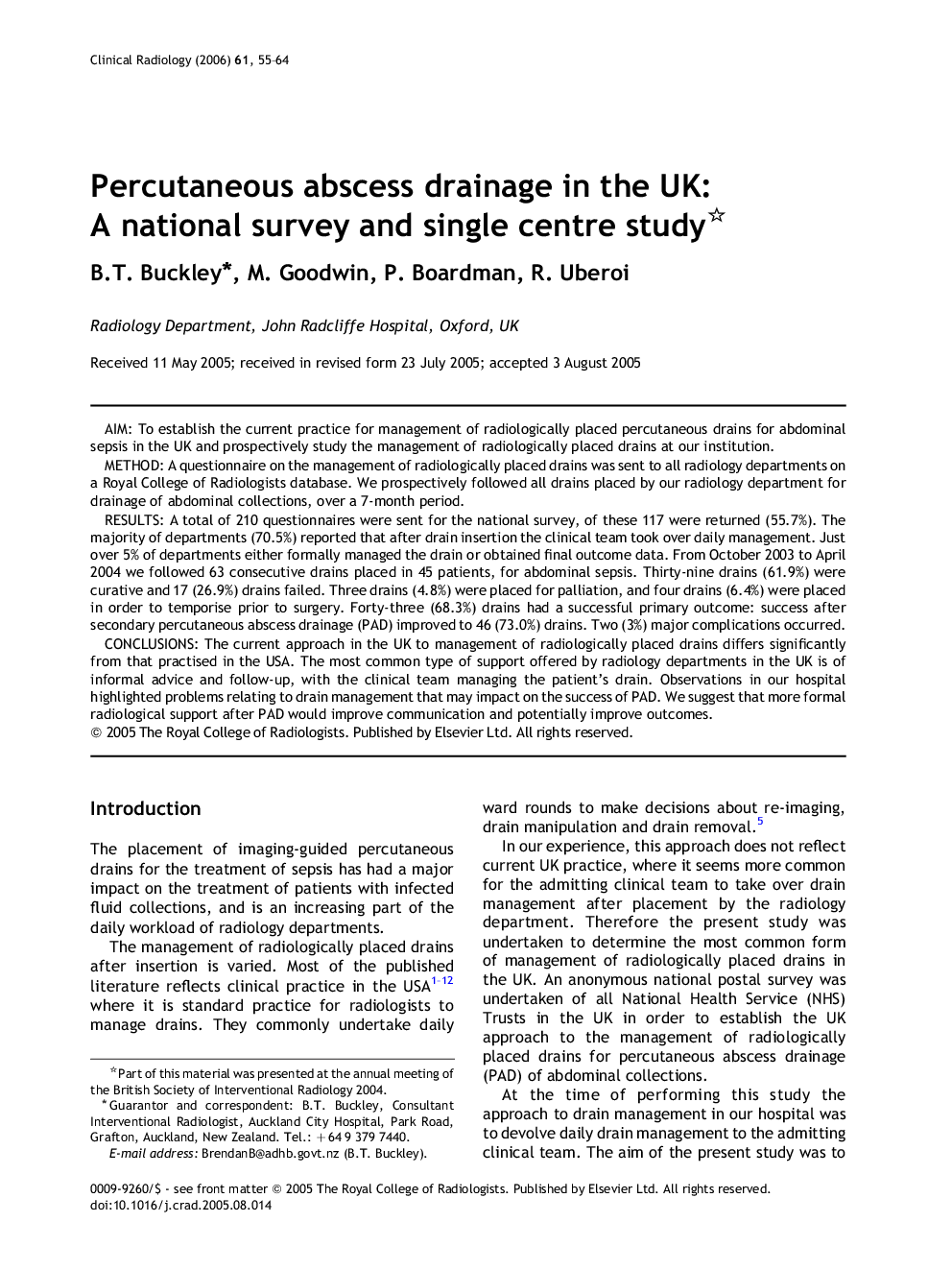 Percutaneous abscess drainage in the UK: A national survey and single centre study 