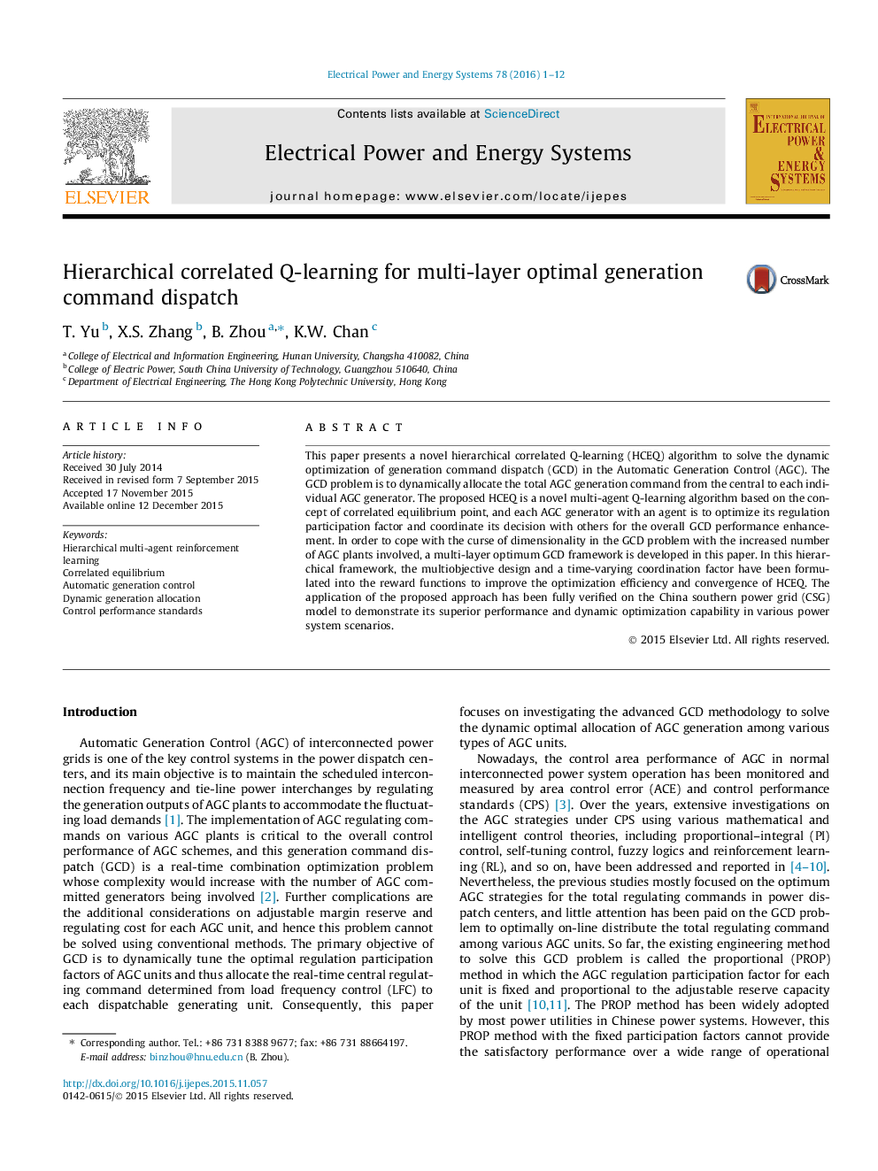 Hierarchical correlated Q-learning for multi-layer optimal generation command dispatch