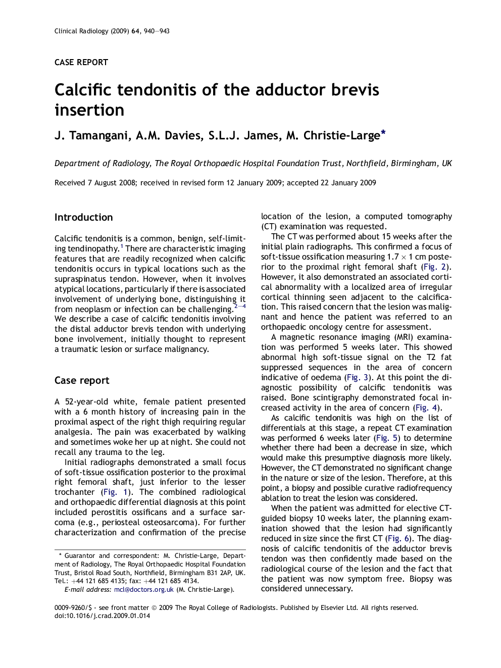 Calcific tendonitis of the adductor brevis insertion