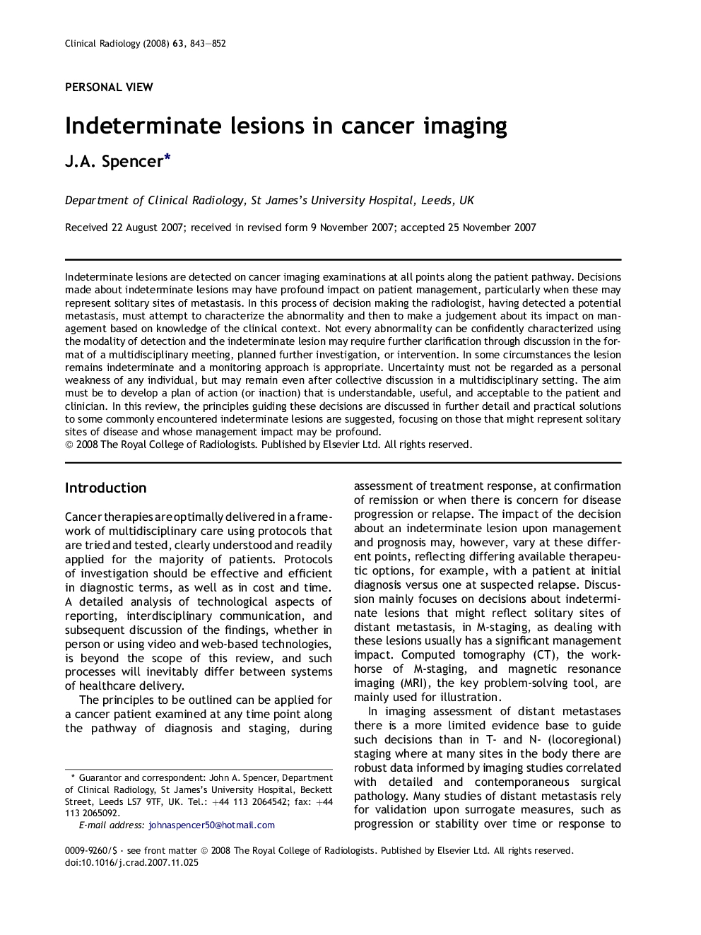 Indeterminate lesions in cancer imaging