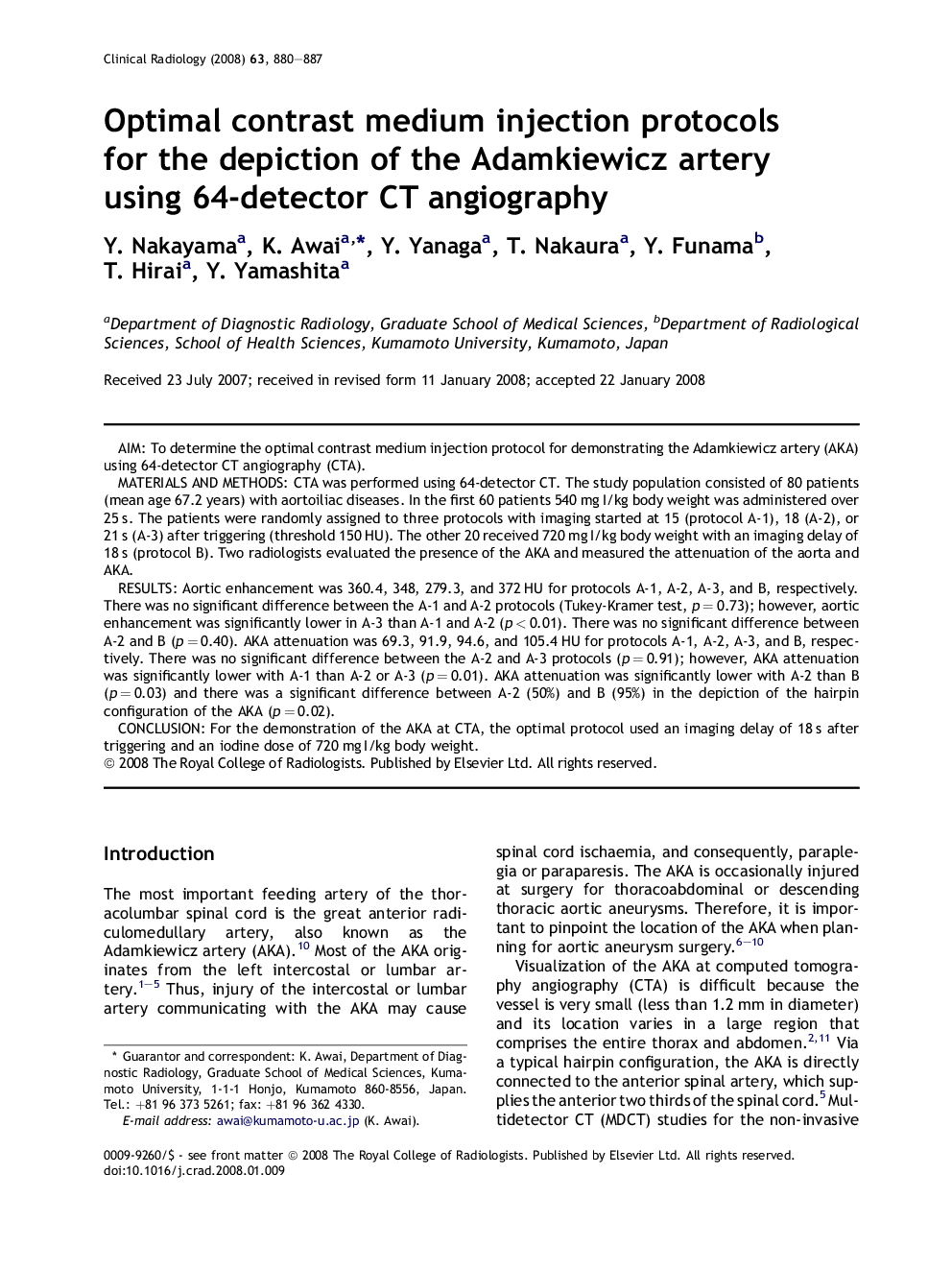 Optimal contrast medium injection protocols for the depiction of the Adamkiewicz artery using 64-detector CT angiography