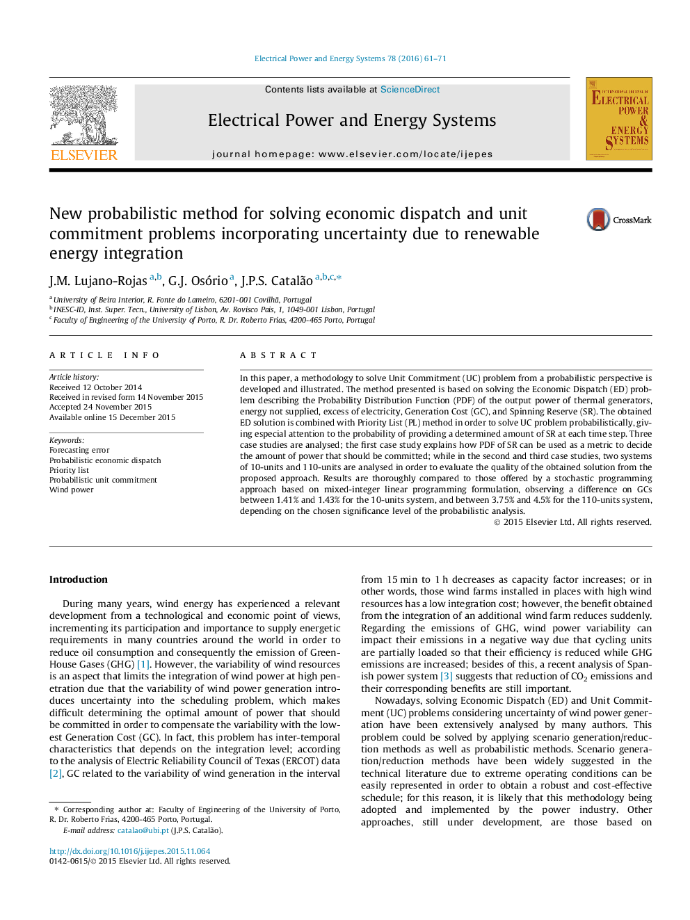 New probabilistic method for solving economic dispatch and unit commitment problems incorporating uncertainty due to renewable energy integration